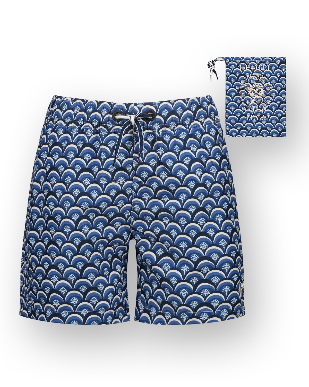 Officiële Vingino-foto van een jongenszwembroek met blauw-witte golfprint en taillekoord
