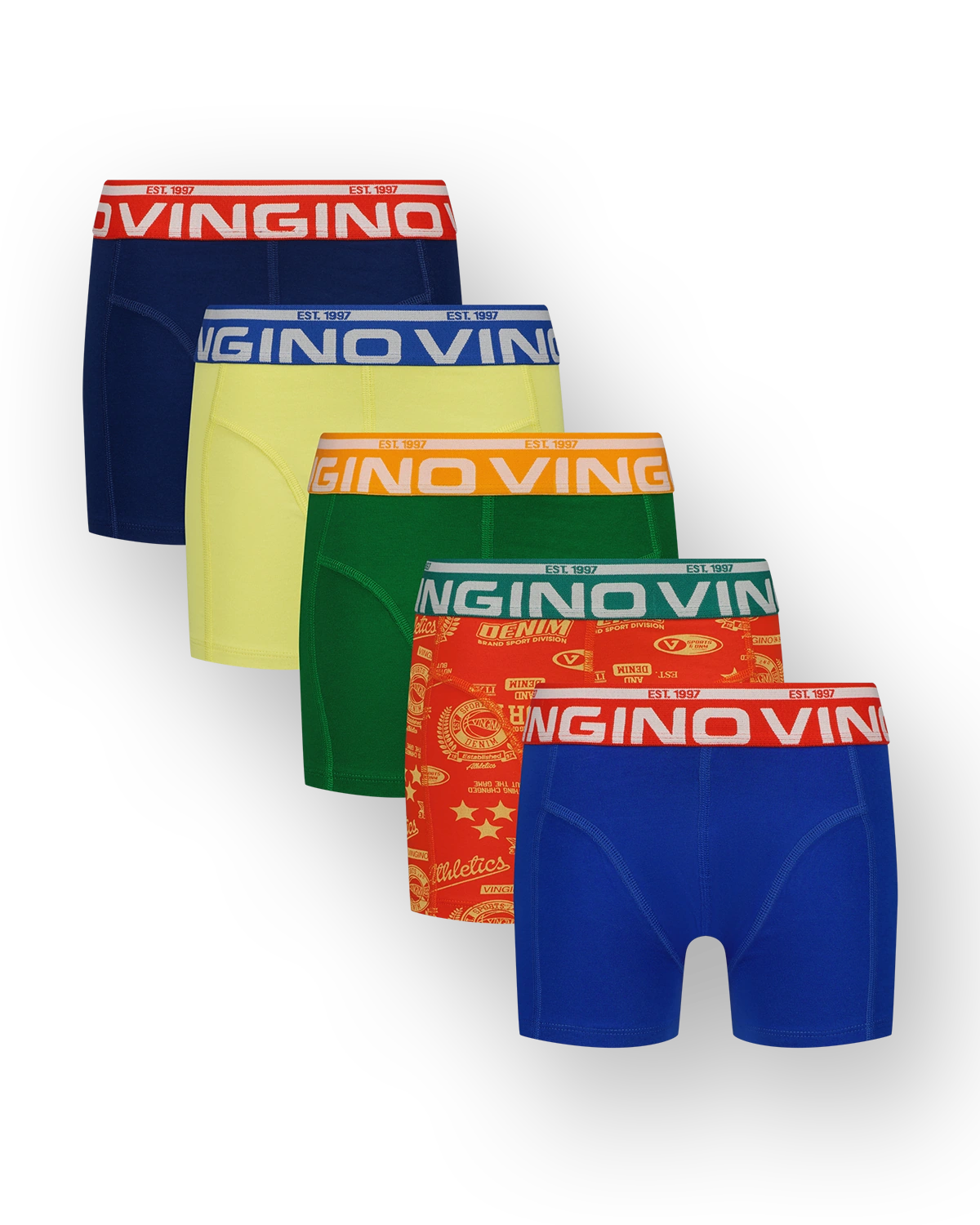 Officiële Vingino-foto van vijf kleurrijke kinderboxers, als herkenbaar categoriebeeld