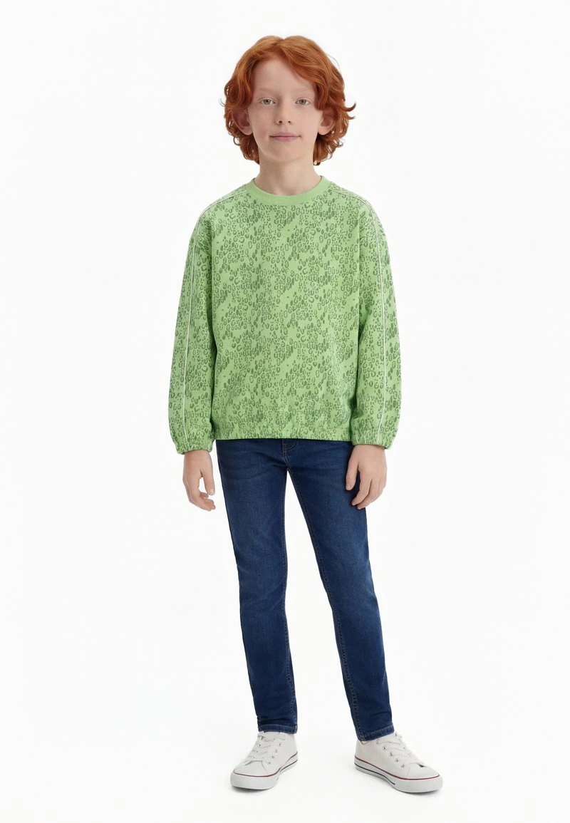 Kind in groene Mini Rodini-sweater met luipaardprint uit de sale bij Zalando
