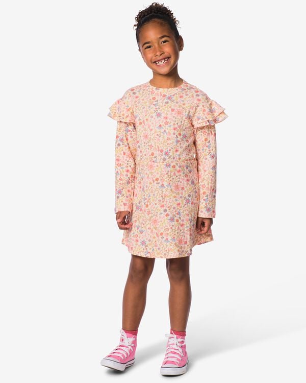 kinderjurk A-lijn rib bloemen roze
