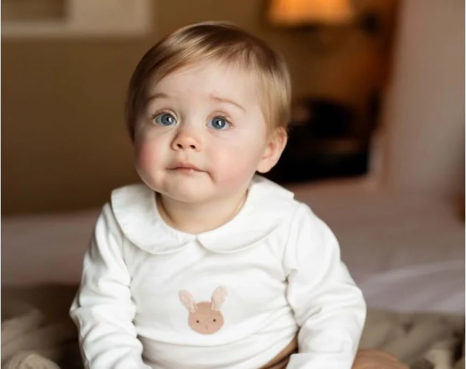 Baby in een witte Donsje-romper met konijntje bij Kids Department