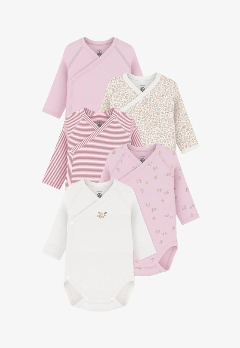 Vijf babyrompers met lange mouwen en zijsluitingen, in effen roze, bloemenprints, roze strepen en wit met een kleine geborduurde bloem.